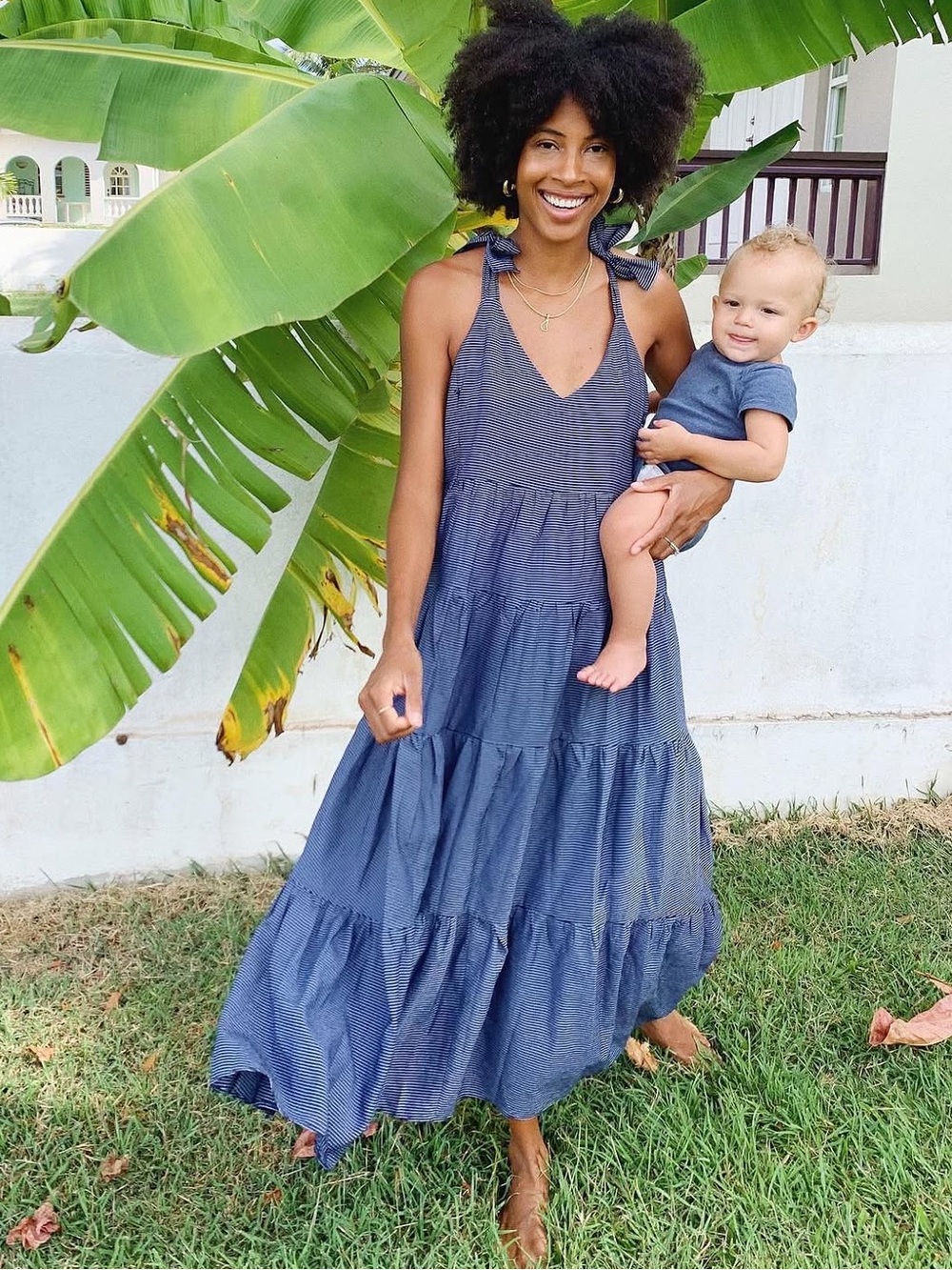 Loyal Hana Rio Dress Tie-Shoulder Navy Striped Maxi maternity breastfeeding sz M